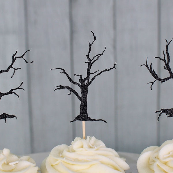 Haunted Forest Spooky Halloween Cupcake Toppers - Haunted House Theme Party - Black Glitter Spooky Tree Decorations - Halloween Birthday