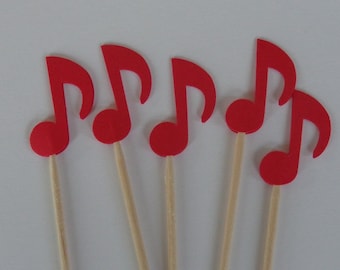 24 Red Music Note Food Picks - Cupcake Toppers - Party Picks