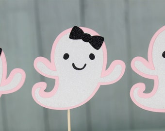 Ghost Cupcake Toppers - Pink and Black Halloween Party Decor - Our Little Boo Party - Happy Booday Party