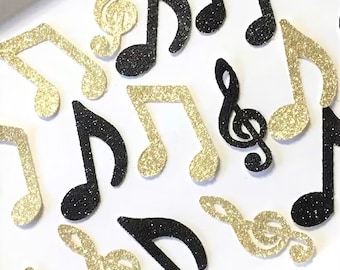 Music Note Confetti - Black and Gold Glitter - Large 2" tall - Music Birthday Party Confetti - (Set of 40)