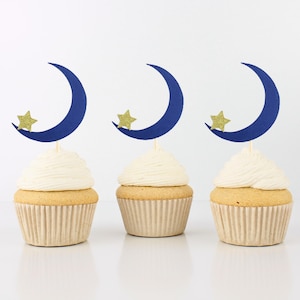 Décoration pour cupcakes étoiles scintillantes bleu marine et étoiles dorées - Nombreuses couleurs - Fête céleste - Petite étoile scintillante - (Lot de 12)