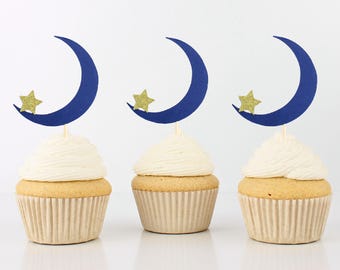 Navy Moon and Gold Glitter Star Cupcake Toppers - Many Colors - Celestial Party - Twinkle Twinkle Little Star - (Set of 12)
