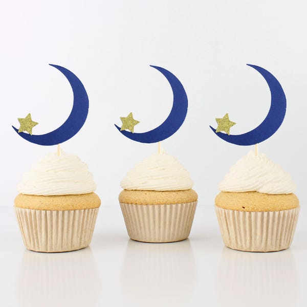Cupcaketoppers met marineblauwe maan en gouden glitterster - veel kleuren - Celestial Party - Twinkle Twinkle Little Star - (set van 12)