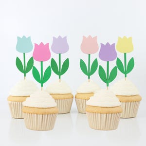 Spring Tulip Cupcake Toppers - Easter Food Picks - Mothers Day Floral Decorations