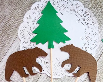 Large Brown Bear and Evergreen Tree Cupcake Toppers -  Food Picks - Lumberjack Party - Wild One Party Woodland Tribal -  Set of 12