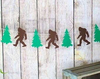 Bigfoot and Evergreen Tree Garland - Sasquatch Banner - Birthday Decorations