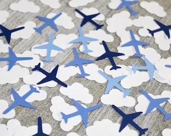 Blue Airplane and Small Cloud Confetti - Cloud and Plane Table Scatter - Set of 175 Pieces - Jet Plane Confetti