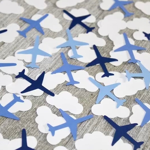 Blue Airplane and Small Cloud Confetti - Cloud and Plane Table Scatter - Set of 175 Pieces - Jet Plane Confetti