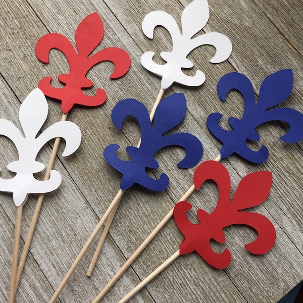 Fleur De Lis Red White Blue Centerpiece Picks - Scouts Centerpiece Decorations - Set of 6