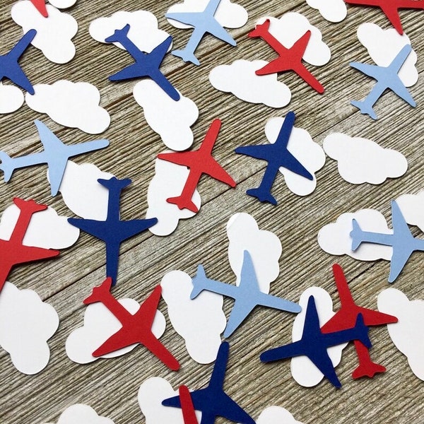 Mixed Blue and Red Airplane and Small Cloud Confetti - Cloud and Plane Table Scatter - Time Flies Decorations - Set of 150 Pieces