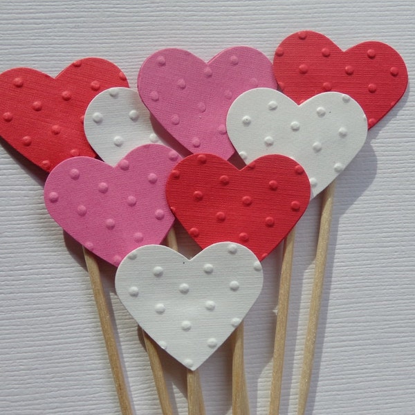 Pink White Red Embossed Dot Heart Party Picks - Valentine's Day Cupcake Toppers - Engagement Party Decor - Valentine's Day Birthday Party