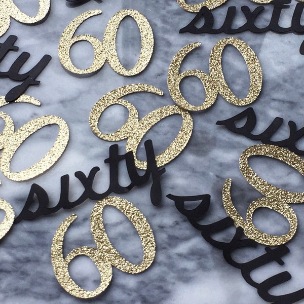 60th Birthday Confetti - Sixty Confetti - 60 Party Decorations - Glitter Numbers - Age Confetti - Black and Gold Confetti