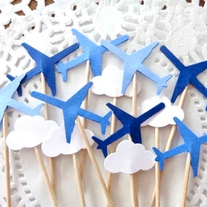 Mixed Blue Airplane and Cloud Cupcake Toppers - Food Picks - Party Picks - Travel Party - Pilot Themed Party