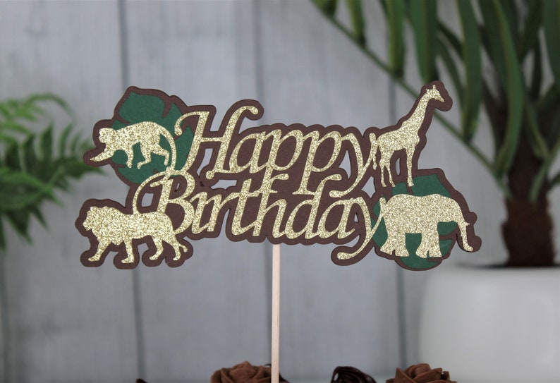 Jungle Cake Topper Gold Glitter Safari Happy Birthday Cake Topper Choose Your Color Jungle Animal Party Decorations