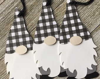 Gnome Gift Tags - Holiday Gnome Tags - Black & White Buffalo Plaid -  Scandinavian Gnomes - Nordic Tags -  Set of 6