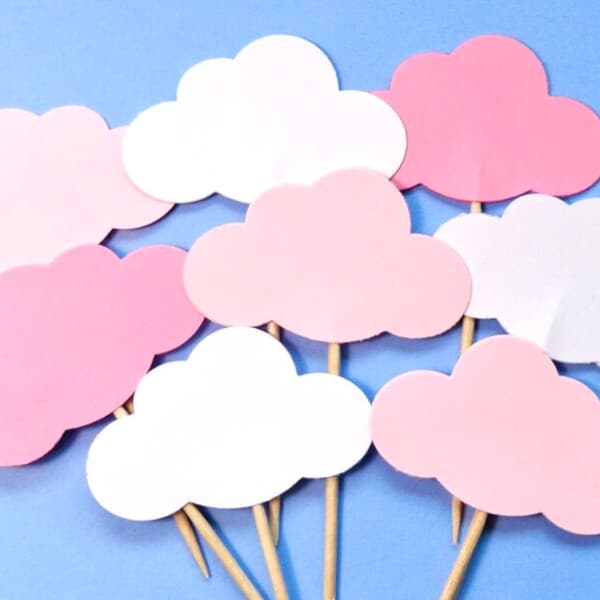 24 Mixed Pink and White Cloud Cupcake Toppers - Food Picks - Party Picks - Baby Girl Shower Decorations