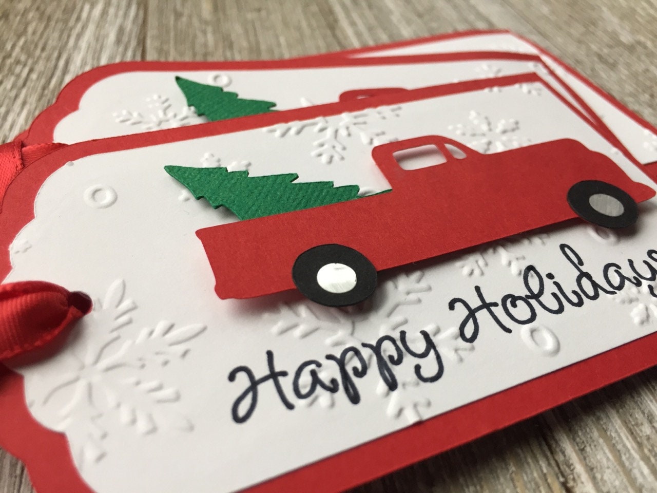 Vintage Red Truck with Tree Happy Holidays Gift Tags - -Red Farm Truck -  Christmas Gift Tags - Set of 6