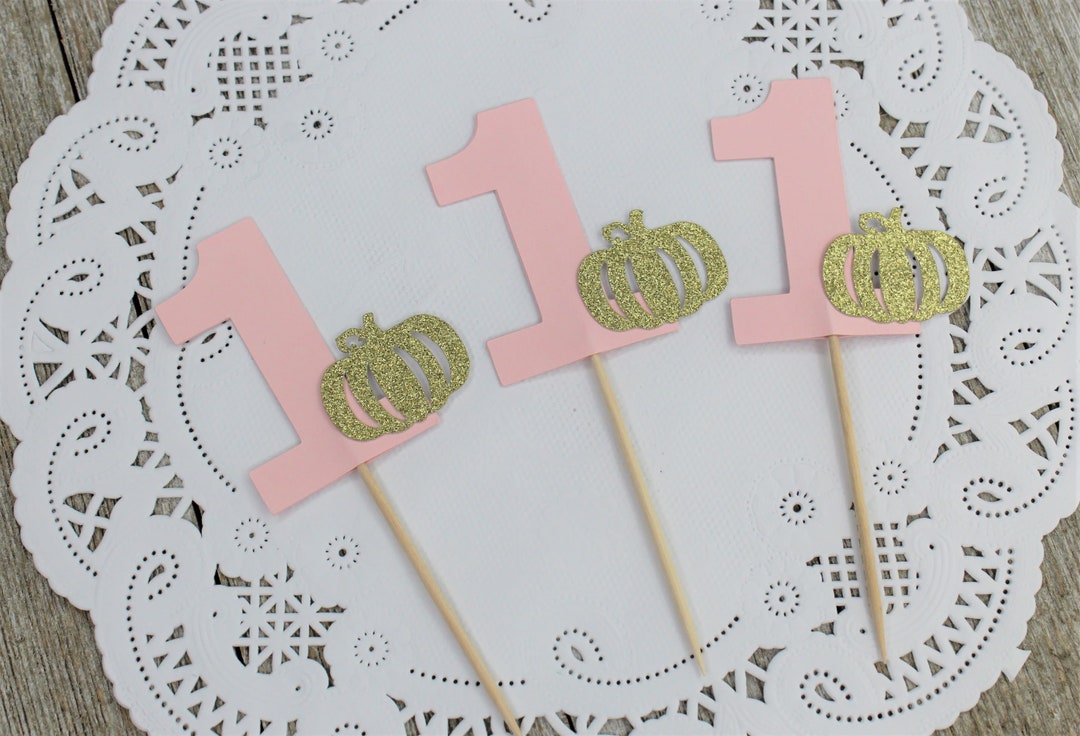 Pink Number 1 Gold Pumpkin Cupcake Toppers - Gold Pink Lil Pumpkin ...