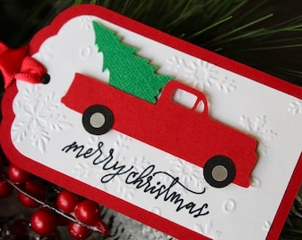 Red Truck with Tree Holiday Gift Tags - Christmas Truck Gift Tags - Snowflake Embossed - Handmade Christmas Gift Tags - Merry Christmas