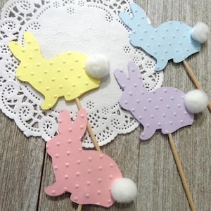 Pastel Bunny Rabbit Cupcake Toppers - Food Picks - Party Picks -Easter Party Decorations - Polka Dot Embossed Bunny Rabbit
