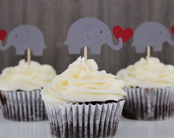 Grey Elephant Cupcake Toppers holding Red Hearts - NEW Larger Size 1.5" - Gray Elephant Shower Decorations - Baby Sprinkle - Set of 24