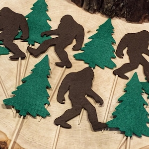 Large Bigfoot and Evergreen Tree Cupcake Toppers -  Food Picks - Sasquatch Toppers - Set of 12