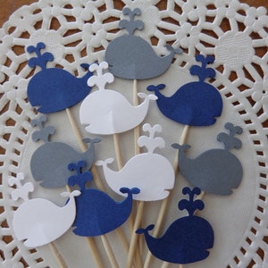 Whale Cupcake Toppers - NEW Larger Size 1.5&quot; - Nautical Party Picks - Food Picks - Navy Blue, Grey and White - Whale Baby Shower