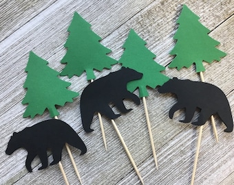 Black Bear and Tree Cupcake Toppers - Lumberjack Food Picks - Woodland Party Decor - Wild One Theme - Birthday Decor