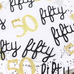 50歳の誕生日の紙吹雪 - 50枚の紙吹雪 - 50枚のパーティーデコレーション - キラキラ数字 - 年齢紙吹雪 - 黒と金の紙吹雪