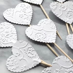 White Heart French Lace Embossed Cupcake Toppers - Many Colors To Choose - Wedding Appetizer - Bridal Shower - Engagement Party Decorations