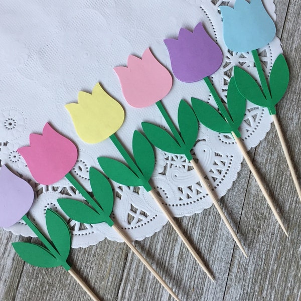 Spring Tulip Cupcake Toppers - Easter Food Picks - Mothers Day Floral Decorations