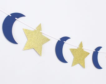 Gold Star and Moon Garland - Many Colors - Celestial Party - Baby Shower Decorations - Twinkle Twinkle Little Star - Glitter Star Garland