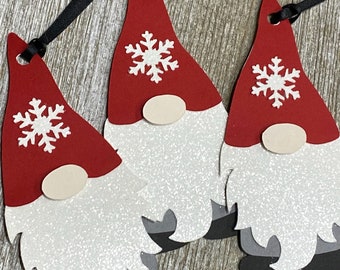 Gnome Gift Tags - Holiday Gnome Tags - Nordic Christmas Tags - Tomte Ornament - White Glitter Beard & Snowflake - Set of 6