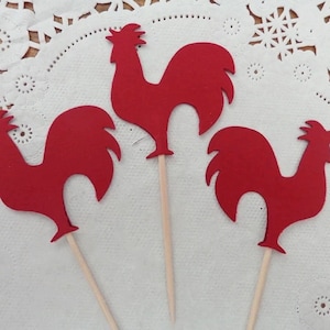 Red Rooster Cupcake Toppers - Food Picks - Farm Animal Party Picks - Appetizer Picks - Farm Toppers
