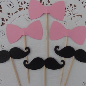 Toppers black moustache et pink bow cupcake - Food Picks - Party Picks - Gender Reveal Party - Baby Shower Party Decorations