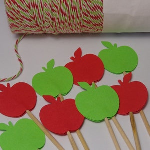 Red and Green Apple Cupcake Toppers - Food Picks - Party Picks -  Back to School Party Picks - Autumn Party - Set of 24