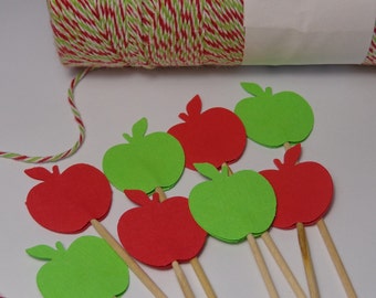 Red and Green Apple Cupcake Toppers - Food Picks - Party Picks -  Back to School Party Picks - Autumn Party - Set of 24