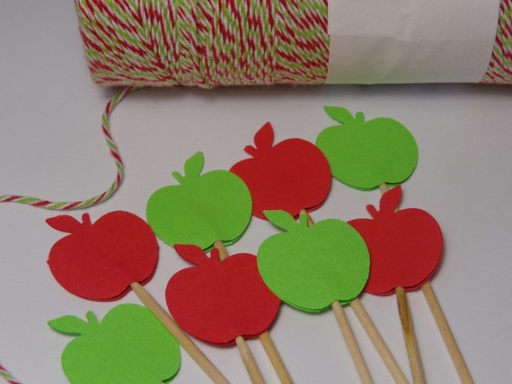 Red and Green Apple Cupcake Toppers - Food Picks - Party Picks -  Back to School Party Picks - Autumn Party - Set of 24