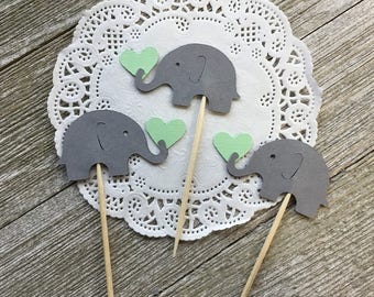 Grijze olifanten met muntgroene harten - nieuw, groter formaat 1' x 1,5" - genderneutrale babyshowerversieringen - voedselprikkers - voorgerecht