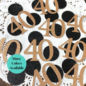 Confete de 40º aniversário - Quarenta confetes - 40 decorações de festa - Números brilhantes - Confete de idade - Muitas cores - Confete preto e dourado