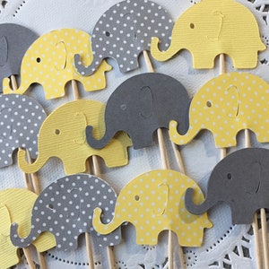 Grey and Yellow Elephant Cupcake Toppers - NEW Larger Size 1.5" -  Elephant Baby Shower Decorations - Gender Neutral Party