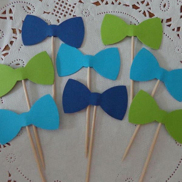 Navy Blue Lime Green and Aqua Blue BowTie Cupcake Toppers - Party Picks - Bowtie - Bowties - Baby Shower Toppers - Lil Man Party