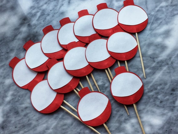 Fishing Bobber Cupcake Toppers - Red & White Fishing Theme Party - O'fishally ONE birthday Decorations -