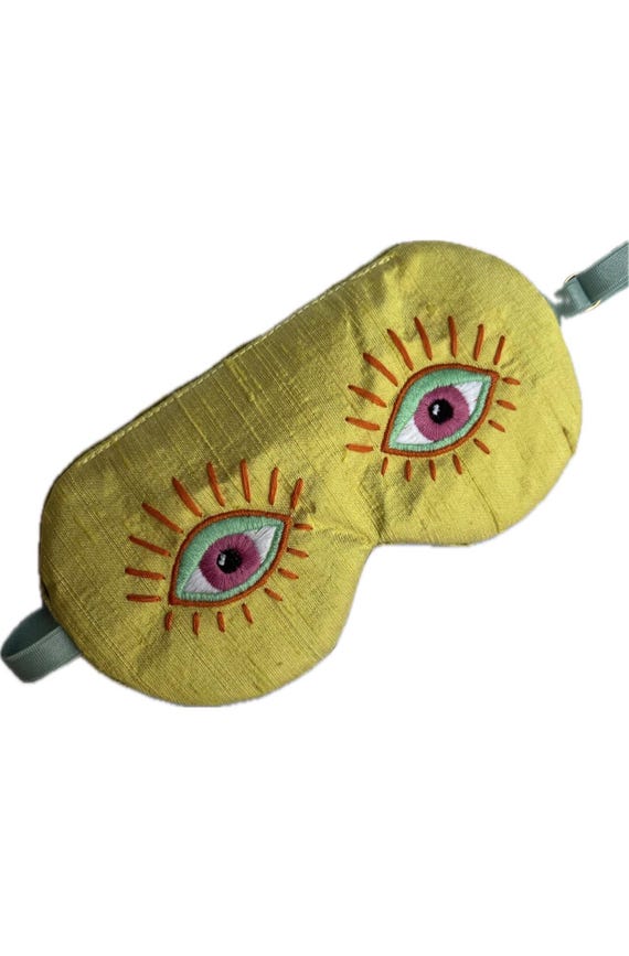 Yellow Sleep Mask, Luxury Silk Eye Mask, Embroidered Eyes, Mulberry Silk Velvet Eye Mask, Soft Travel Sleep Mask, Eye Pillow, EYE of HYPNOS