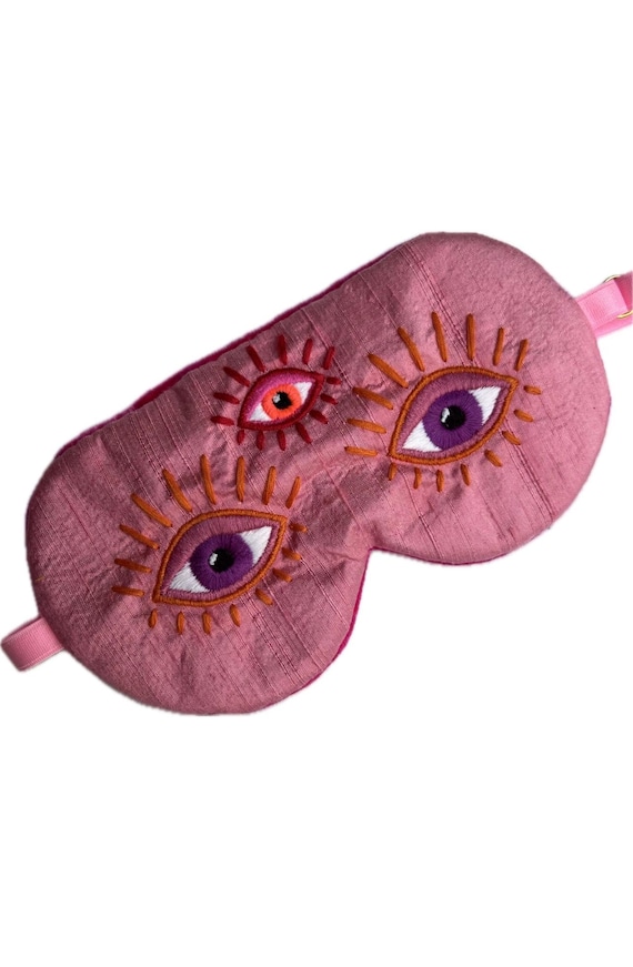 Third Eye Silk Sleep Mask, Pink Dupioni Silk Embroidered Eye Mask, Velvet Backed Adjustable Sleep Mask, Mystical Gift EYE of HYPNOS