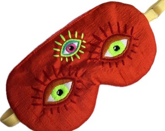 Red Silk Sleep Mask with Third Eye Embroidery, Dupioni Silk Velvet Backed Eye Mask, Adjustable Luxury Sleep Mask Gift EYE of HYPNOS