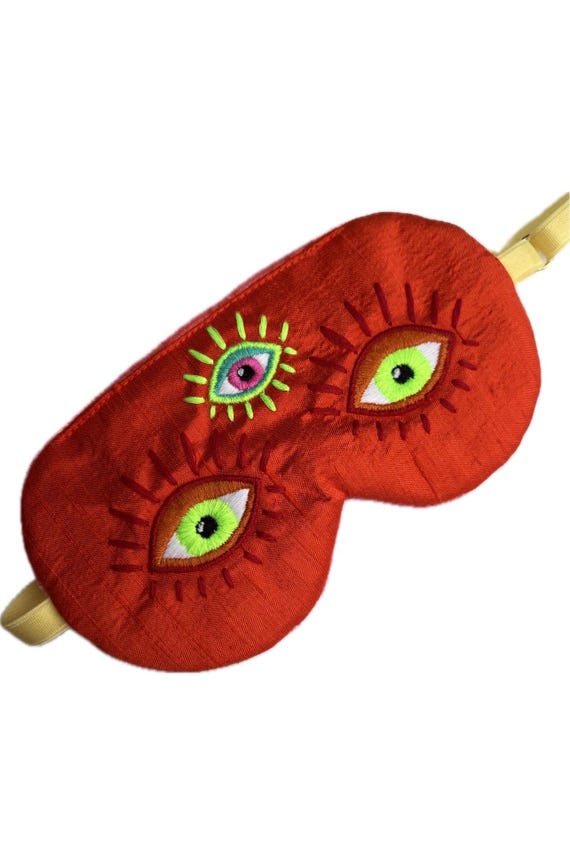 Red Silk Sleep Mask with Third Eye Embroidery, Dupioni Silk Velvet Backed Eye Mask, Adjustable Luxury Sleep Mask Gift EYE of HYPNOS