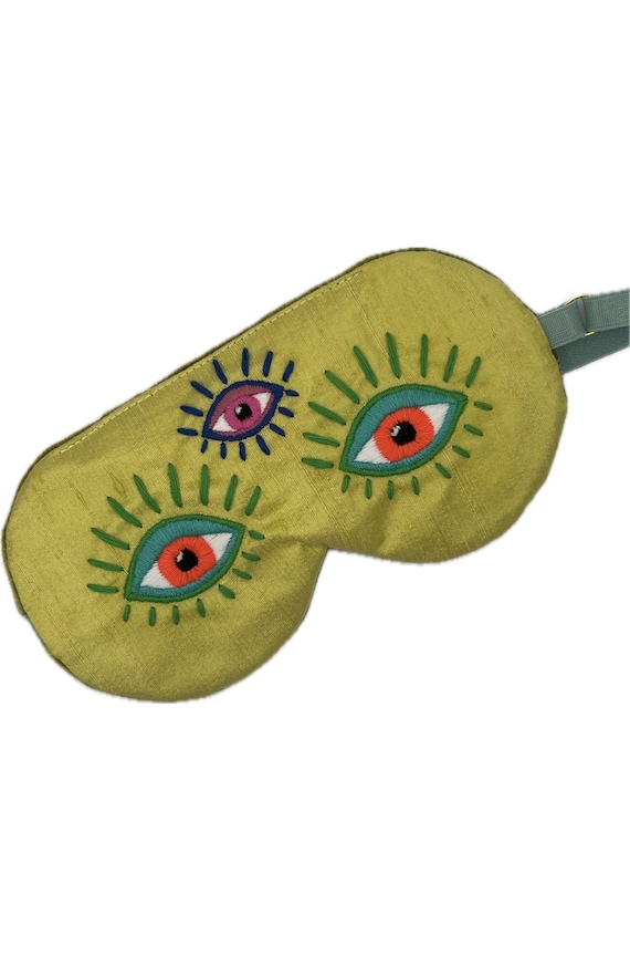 Third Eye Silk Sleep Mask, Yellow Dupioni Silk Embroidered Eye Mask, Velvet Backed Adjustable Sleep Mask, Mystical Gift EYE of HYPNOS
