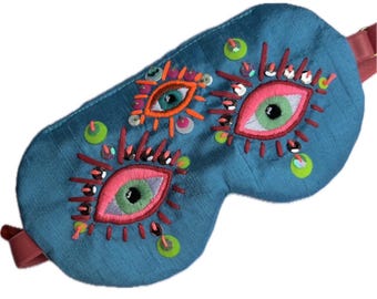 Silk Sleep Mask with Third Eye Embroidery, Blue Dupioni Silk Eye Mask with Sequins, Adjustable Luxury Sleep Mask, Evil Eye EYE of HYPNOS