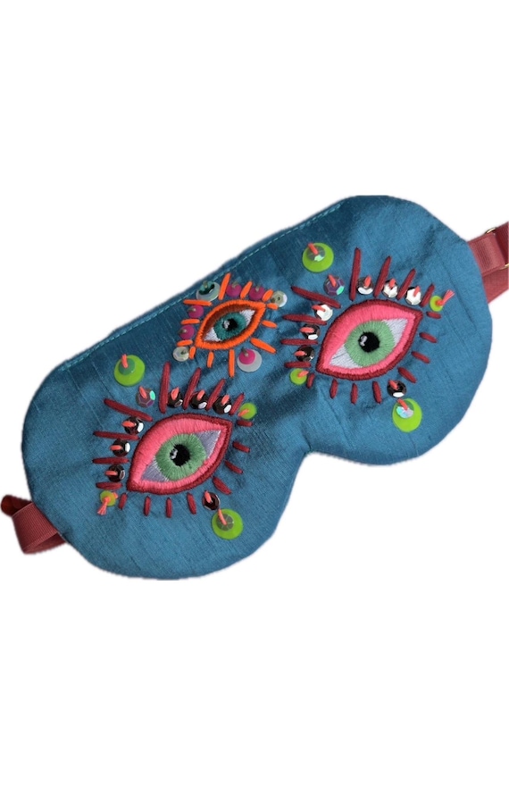 Silk Sleep Mask with Third Eye Embroidery, Blue Dupioni Silk Eye Mask with Sequins, Adjustable Luxury Sleep Mask, Evil Eye EYE of HYPNOS